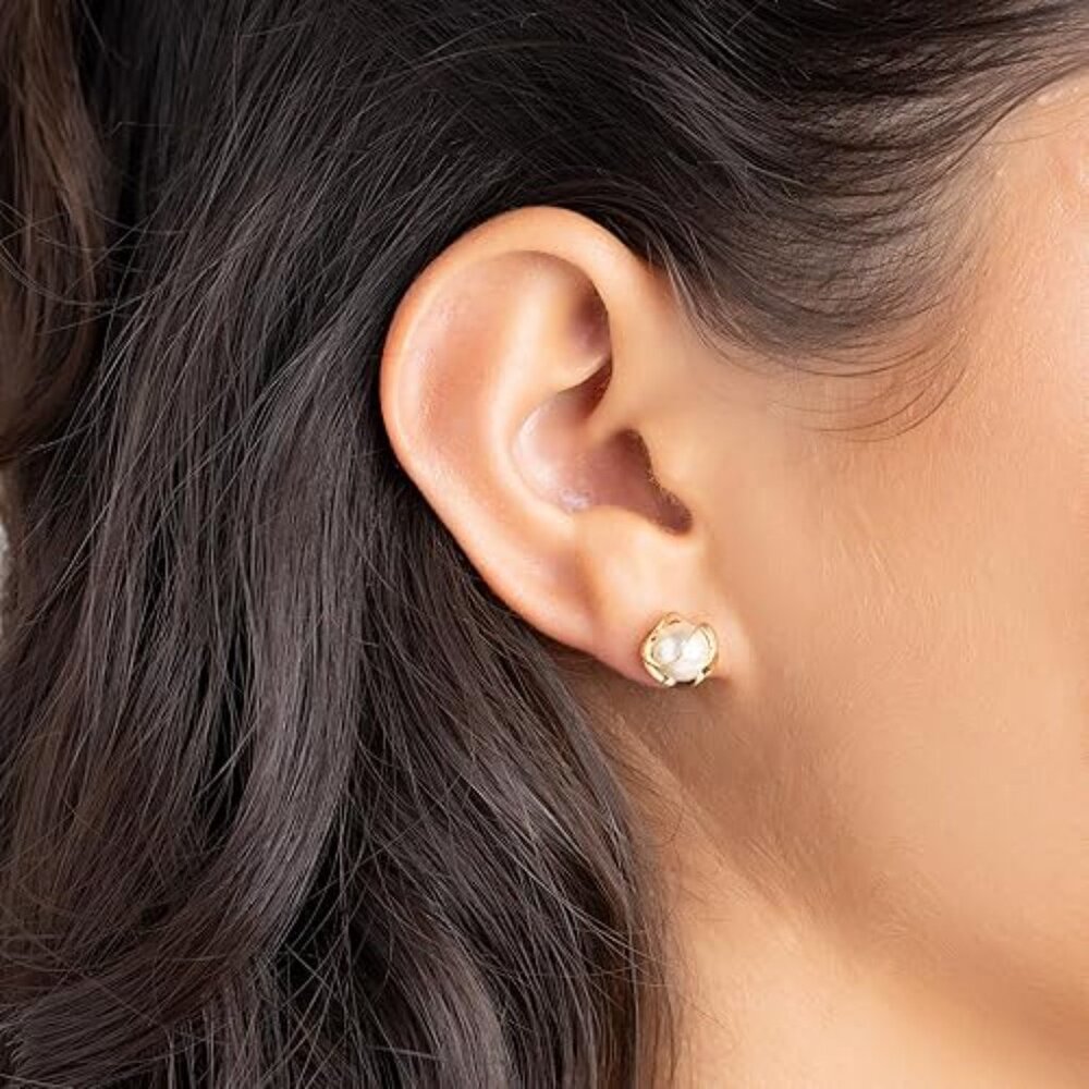 Neiman Marcus 18K Gold Plated Caged Pearl Stud Earrings